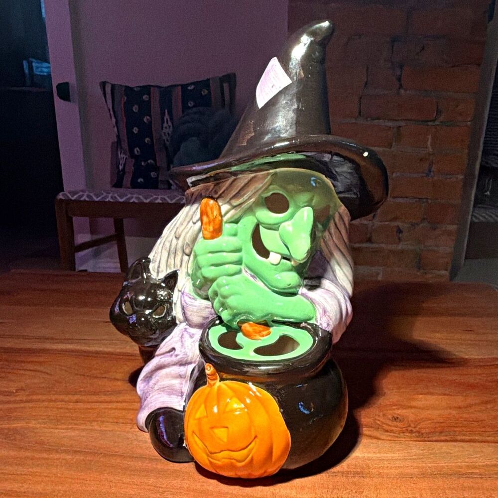 Ceramic Light-Up Halloween Witch Figurine with Cauldron, Glossy Multicolor